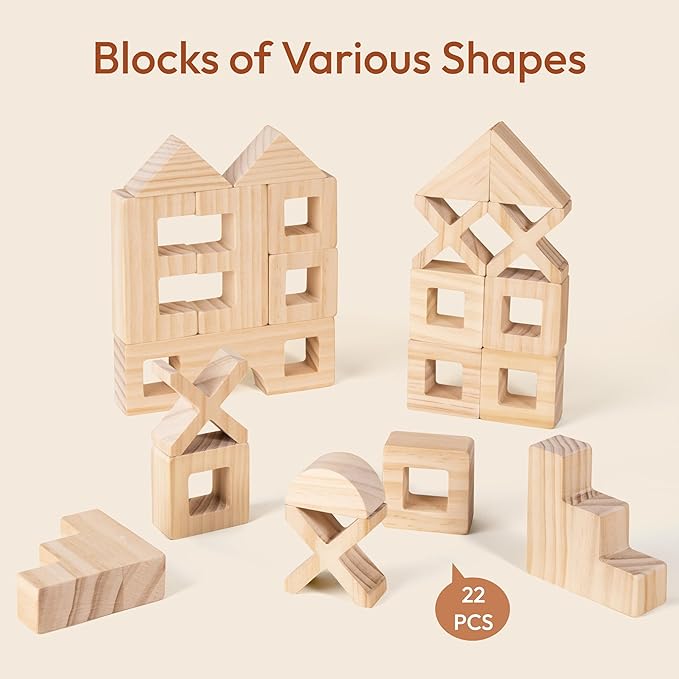 Woodtoe Wooden Rainbow Building Blocks Set for Kids, 22 PCS Wooden Blocks & 25 PCS Gem Cubes Stacking Blocks, Montessori Stacking Toys for Toddlers, Educational STEM Easter Toys for Boys Girls 3-6