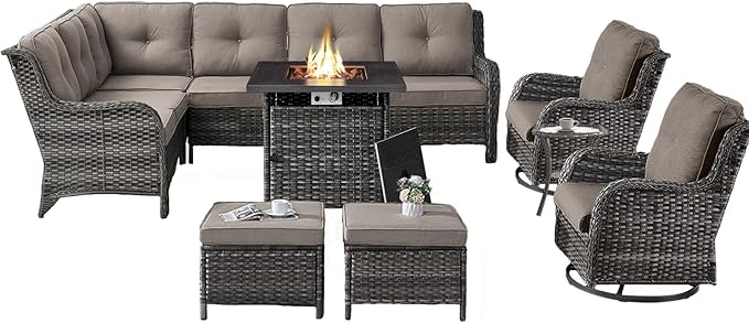 Outdoor Sectional Furniture Sofa Set with Propane Fire Pit Table, Wicker Patio Conversation Set with 2 Swivel Rocker Glider Chairs Grey Cushion Perfect for Backyard Casual Gathering