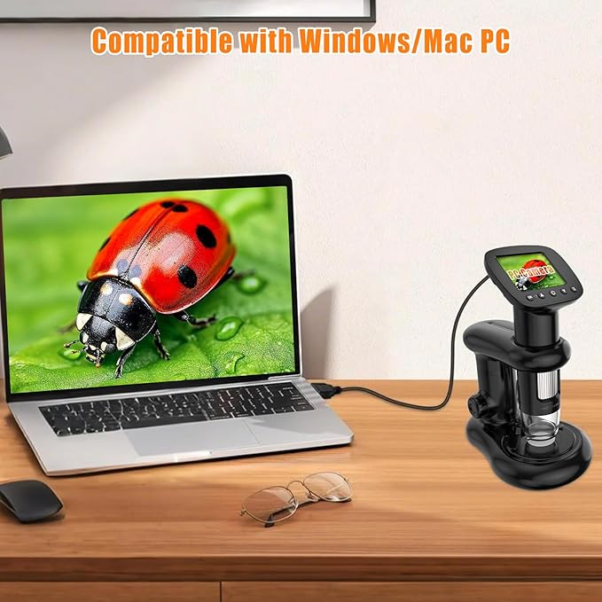 Kids Digital Microscope with 2inch IPS Screen, HD 1080P Handheld Pocket Microscope Science Kit for Children, Comes with 32GB SD Card