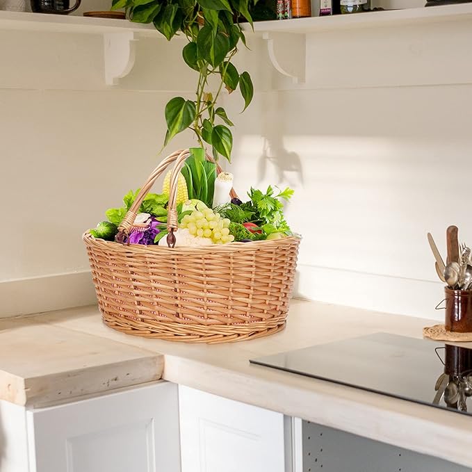 Wicker Picnic Basket with Double Folding Handles, Natural Large Willow Hamper Empty Basket Cheap Easter Eggs Candy Storage Wine Basket for Toy, Flower, Wedding（Red 16inch）