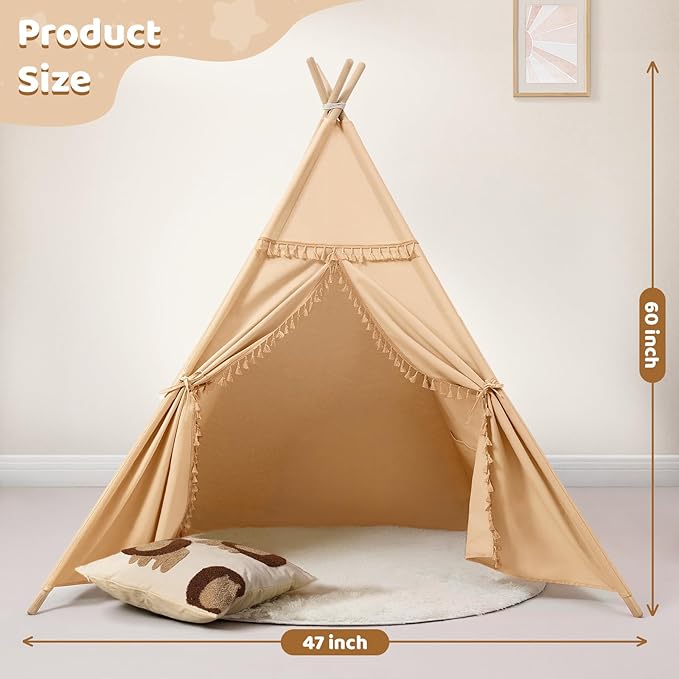 Sumbababy Teepee Tent for Kids Indoor – Cotton Canvas Play Tent with Tassel Trim, Foldable Toddlers Tent for Boys, Ideal Gift with Star Lights, Banner & Carry Bag (Khaki)
