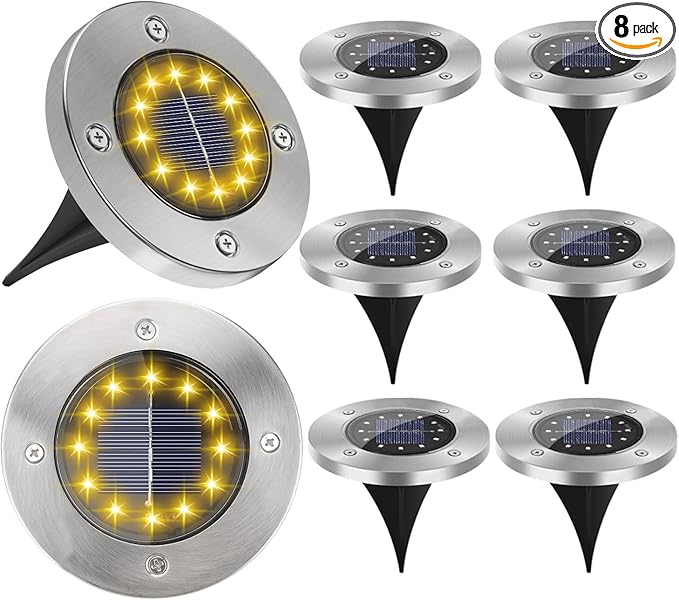 Solar Garden Lights Outdoor, 8 Packs Bright Solar Powered Ground Light with Updated 12 LEDs, Waterproof Disk Warm Flat Lights for Garden Patio Yard Deck Lawn Walkway Landscape Decor