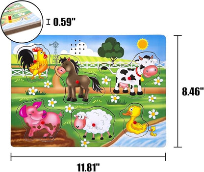 Farm Animals Sound Puzzle, Wooden Peg Puzzles with Sound for Toddlers and Preschoolers Ages 2yrs+, Kids Educational Learning Peg Puzzles Toy Gift (6pcs)
