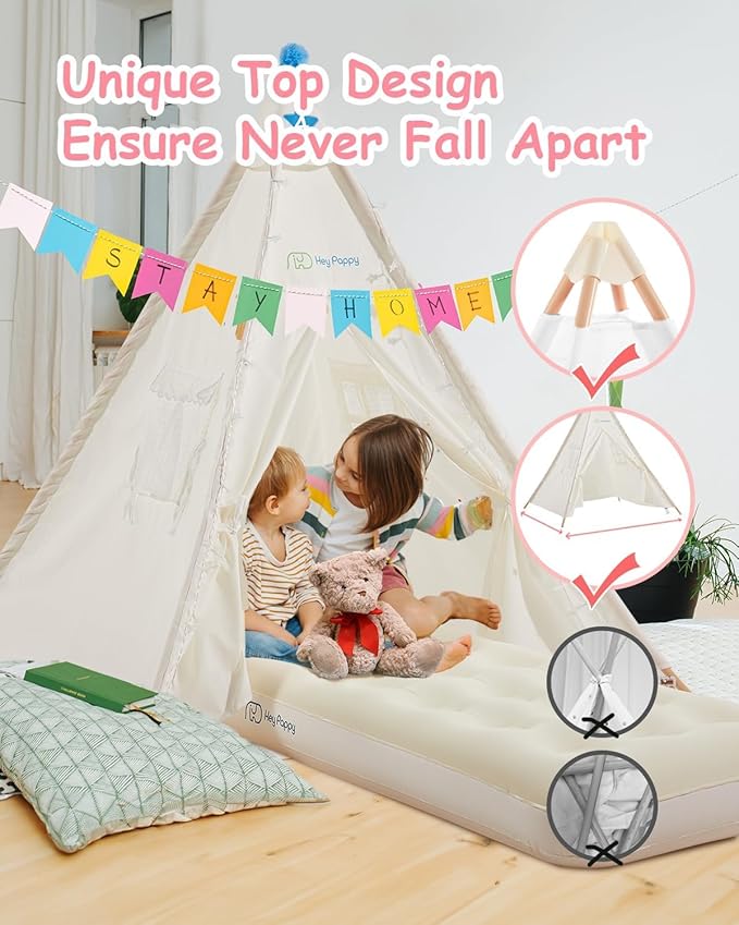6 Pack Teepee Tent for Kids with Inflatable Airbed, Light, Toddler Tent Children Room Tents, Slumber Party Sleepover Tents, Indoor Outdoor Kids Playtent Playhouse for Girls & Boys