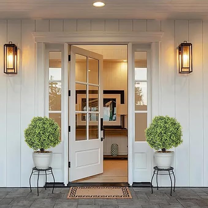 THE BLOOM TIMES 2ft Boxwood Topiary Ball Trees Artificial Outdoor Set of 2, 24" Faux Evergreen Plants Outside UV Resistant Greenery, Fake Potted Bushes and Shrubs for Front Porch Planter Patio Decor
