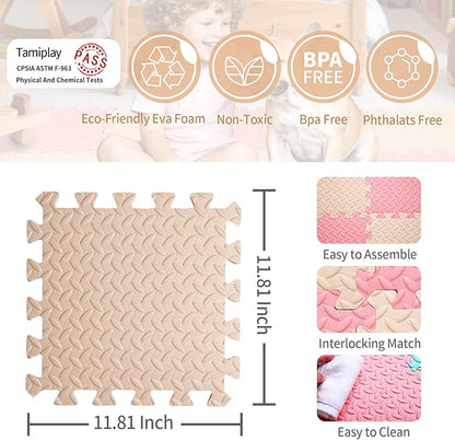 36 Tiles Foam Play Mat for Baby, 0.4 Inch Thick Foam Interlocking Floor Mats, Soft Non-Toxic Baby Playmat, Solid Colored Puzzle Play Mat Kids Floor Mats for Toddler(Beige/Loli Pink)