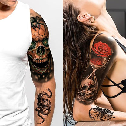 77 Sheets Skeleton Skull Temporary Tattoo for Women Men, 17 Sheets Half Arm Large Flower Spider Owl Fake Tattoos, 60 Sheets Black Scary Halloween Cosplay Tiny Adult Kid Body Tattoos Stickers Realistic