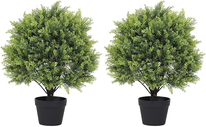THE BLOOM TIMES 2ft Artificial Topiary Ball Trees Outdoor Set of 2, 24" Tall Faux Cedar Plants Outside UV Resistant Greenery Fake Evergreen Potted Bushes and Shrubs for Front Porch Patio Planter Decor