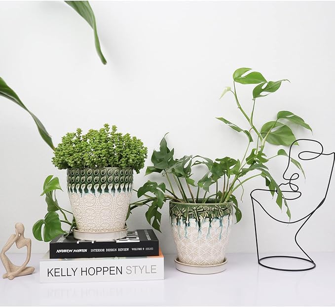 6 Inch Ceramic Planter Pots with Drainage Holes, Saucers and Mesh Pads for Indoor-Outdoor Plants, Succulent Orchid Flower Large Round Plant Pot, Set of 2 (Green+White)