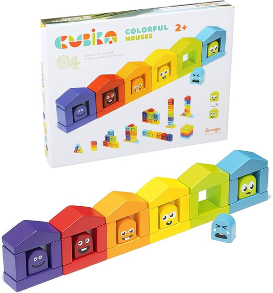 CUBIKA Wooden Construction Set Colorful Houses – 24-Piece Construction Play Set with Emotion Characters for Toddlers 2+– Montessori Toy for Creativity, Cognitive Development, and Emotion Recognition