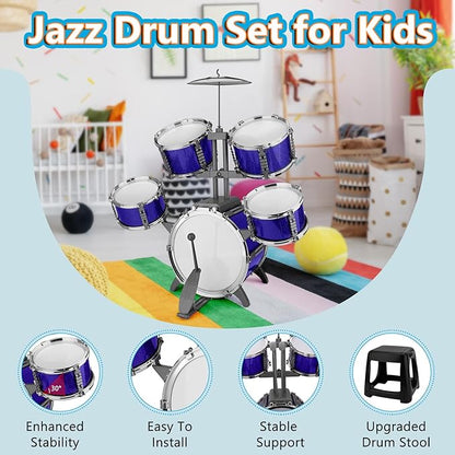 Kids Drum Set 5 Piece Toddlers Jazz Drum Kit with Stool Musical Instrument Toys for 3 4 5 6 7 Year Old Boys Girls Birthday Gift
