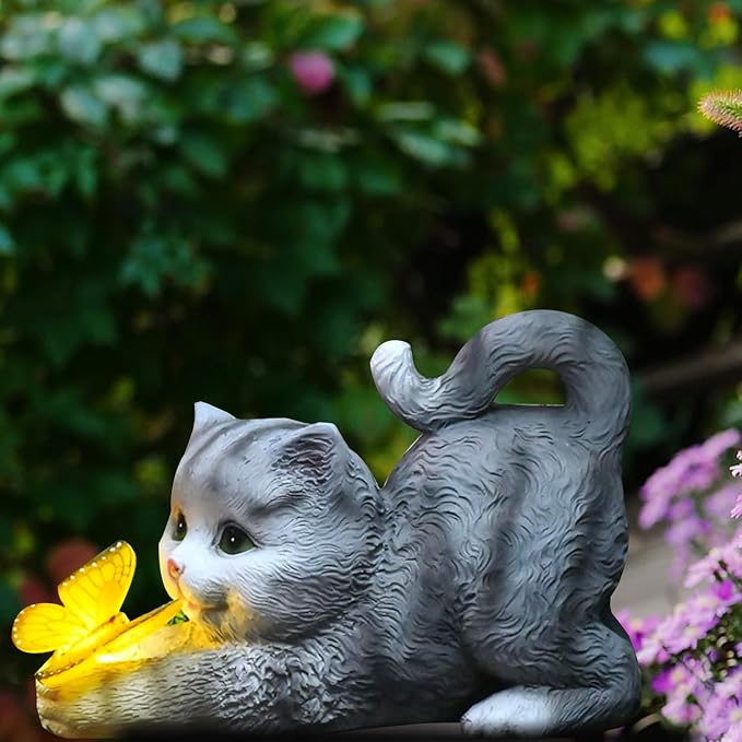 Solar Outdoor Garden Statues Decor-Cat Statue with Solar Butterfly Light for Patio Balcony Yard Lawn Ornament Thanksgiving for Mom Grandma Kids Friends, Cat B with Warm Light