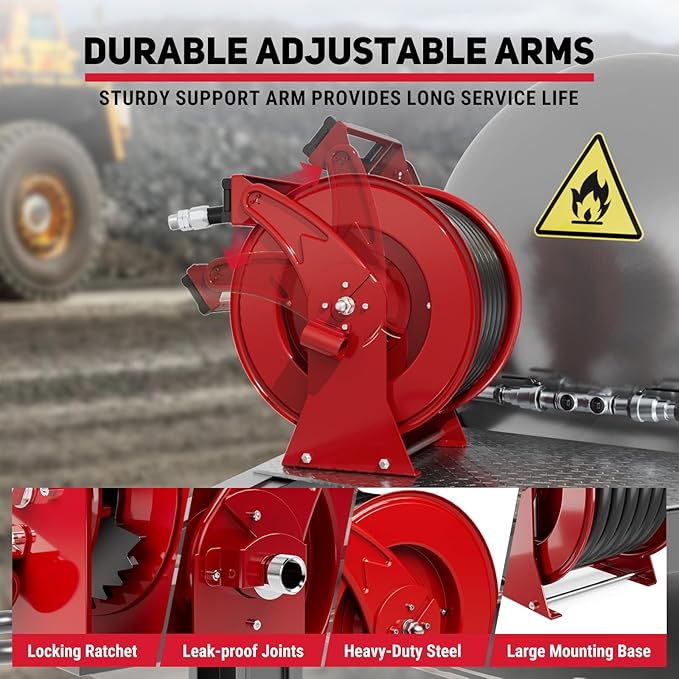 Retractable Diesel Fuel Hose Reel - 1 inch x 33ft Spring Driven Auto Swivel Rewind Hose Holder Reel with Fueling Nozzle, 300 PSI Industrial Steel for Aircraft Ship Vehicle Tank Truck, Red