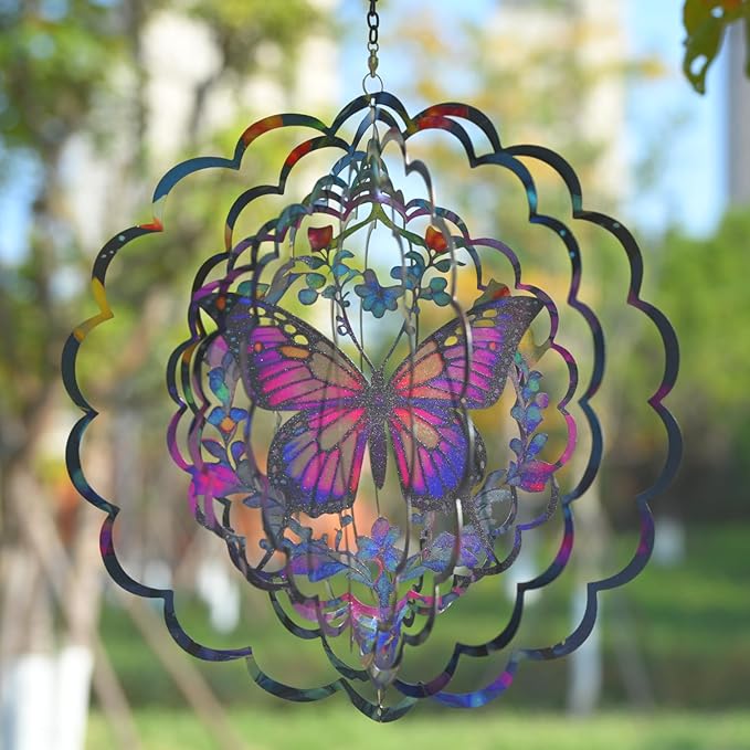 Wind Spinners Metal Butterfly - Butterfly Gifts for Women Mom Grandma Wife, Hanging Wind Spinner for Outdoor & Indoor Decorations, 12 inch 3D Wind Spinner for Ornament Gifts