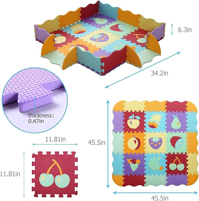 Foam Play Mat for Kids，25Pcs Square Interlocking Puzzle Floor Mat，Baby Play Mat Floor Mat Foam Puzzle Playmat for Toddlers with Fence（Fruit-CSH008