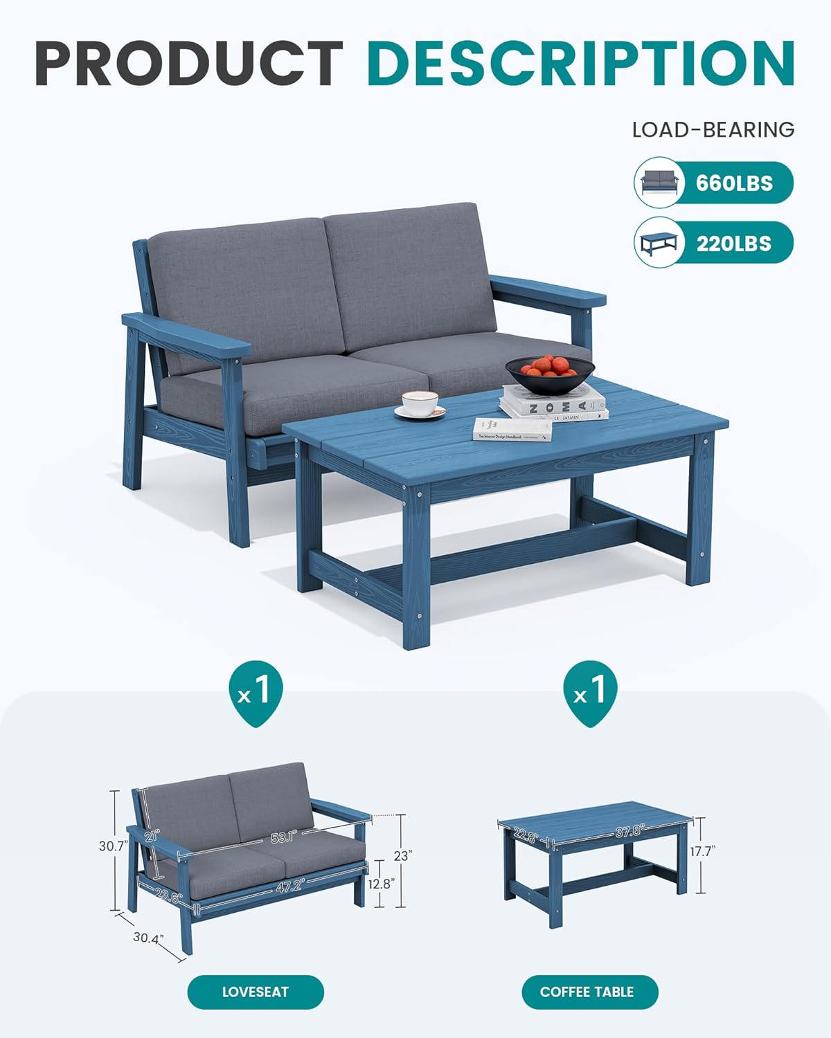 SERWALL Outdoor Loveseat, Blue Frame and Grey Cushion