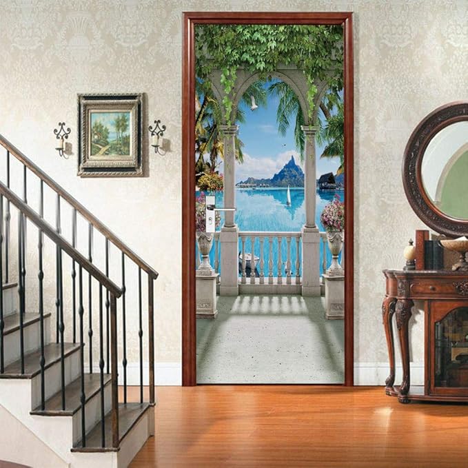 3D Door Stickers Murals - Landscape - Peel and Stick - Waterproof & Washable - Matt Finish - Modern Style - White - 37.4" x 82.7" - 2 Pieces