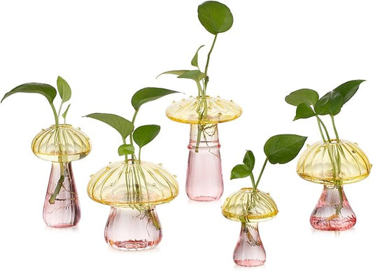 Glasseam Mushroom Plant Propagation Stations: Colored Glass Terrarium Jar Set of 5 Cute Planters for Indoor Plants Mini Propagate Station Unique Christmas Birthday Gifts for Women Home Office Decor