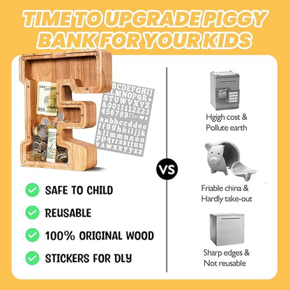 KMC Wooden Letter Piggy Bank, Personalized Initial Piggy Bank for Kids Boys, Clear Alphabet F Wood Money Box, Unbreakable Coin Saving Jar, Birthday, for Children