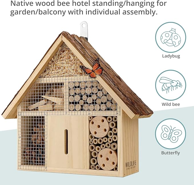 Small Insect Hotel with Bark Roof - Untreated Natural Wood Insect House for Bees, Ladybugs, Lacewings & Butterflies - Nesting Aid for Hanging, Bee Hotel