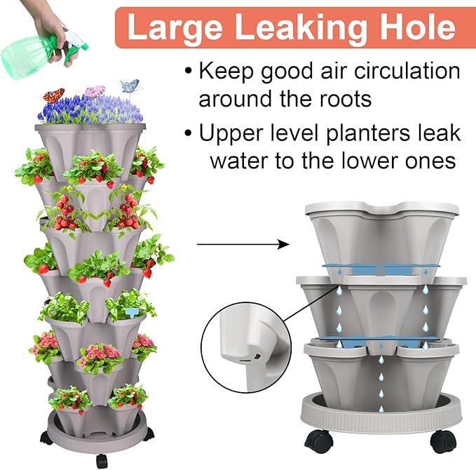 Vertical Planter, 7 Tier Stackable Strawberry Planter with Garden Tool Set, Movable Indoor/Outdoor Garden Herb Pot for Growing Vegetables and Succulents, Gray