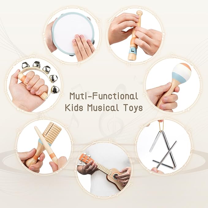 Kids Guitar Set - Toys for 2 3 Year Old Boy & Girls Birthday Gifts, 7 in 1 Montessori Musical Instruments for Toddlers 2-4, Musical Band Sets with Ukulele/Flute/Tambourine/Maracas Toys for Kids 3-5