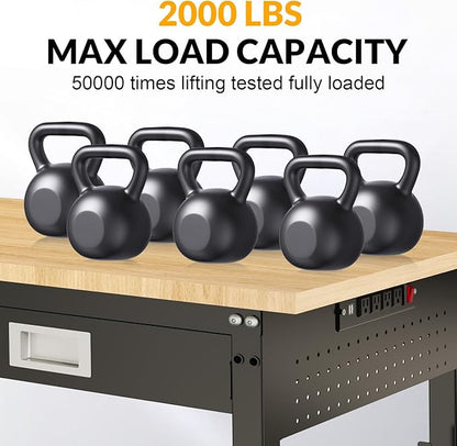 60" Workbench for Garage with Drawers Rubberwood Tabletop Work Table with Pegboard, Power Outlets Adjustable Height Work Bench for Office, Woodworking Shop, Home