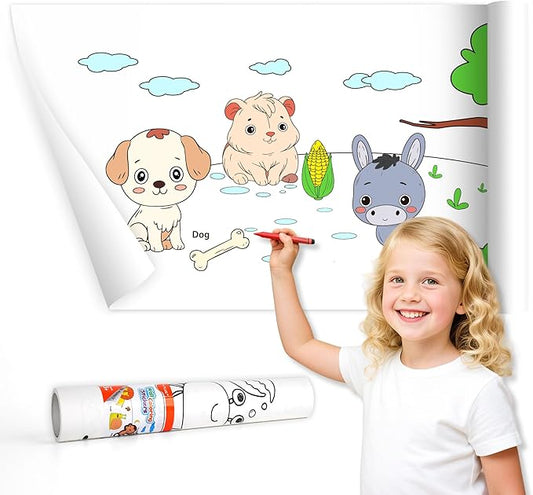 YPLUS Children Drawing Roll, Coloring Paper Roll for Kids, 120 x 11.8 Inch Sticky DIY Painting Drawing Paper Rolls for Toddler, Kids' Gift, Party Activities, Wall Coloring Paper Stickers - Animal