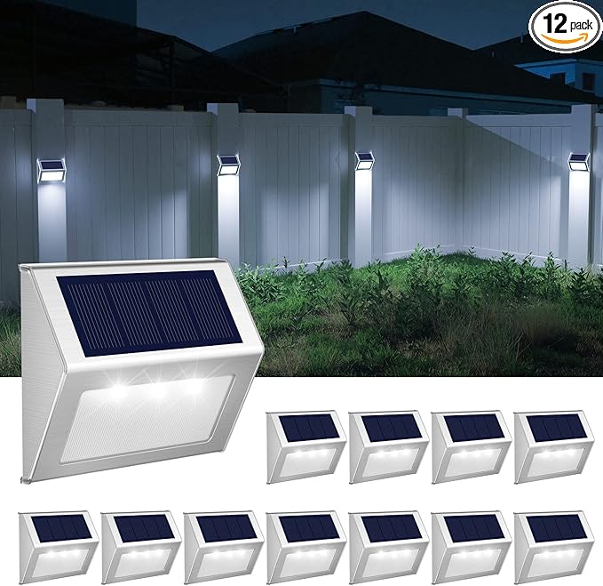 JSOT Outdoor Fence Lights,12 Pack Solar Powered Deck Lights Waterproof Stairs Light Stainless Steel Security Wall Lamps for Step Walkway Patio Garden Pathway - Cool White