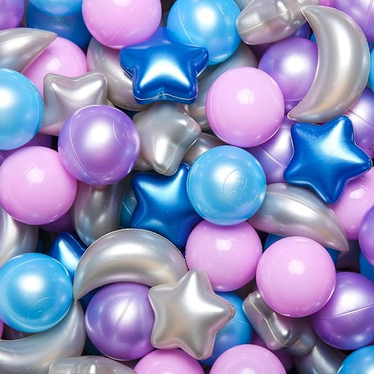 GOGOSO Ball Pit Balls Stars Moon Shapes Plastic Pitballs for Toddler Play Tent Baby Photo Props Kids Pool Water Toys Kiddie Pool Party Decor,Pearl Blue+Pearl Purple+Purple Gray,100PCS