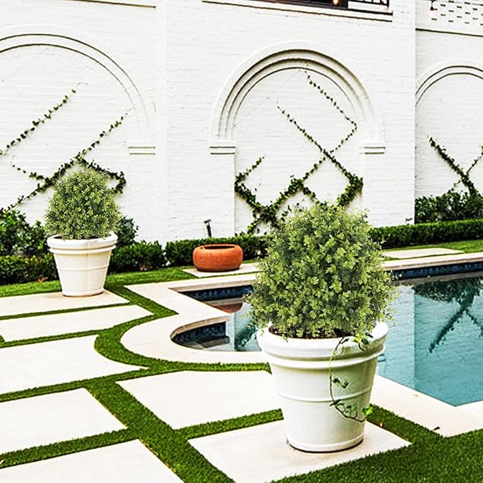 THE BLOOM TIMES 2ft Faux Boxwood Plants Outdoor Set of 2, Topiary Balls Artificial Outside Trees, 24" UV Resistant Fake Greenery Bushes & Shrubs for Front Porch Planter