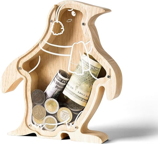 Wooden Penguin Piggy Banks for Kids Money Coin Bank, Cute Unbreakable Piggy Bank DIY Personalized Kids Safe Money Box with Stickers, Toddler Birthday Baptism Gifts for Girls Boys Penguin Lovers