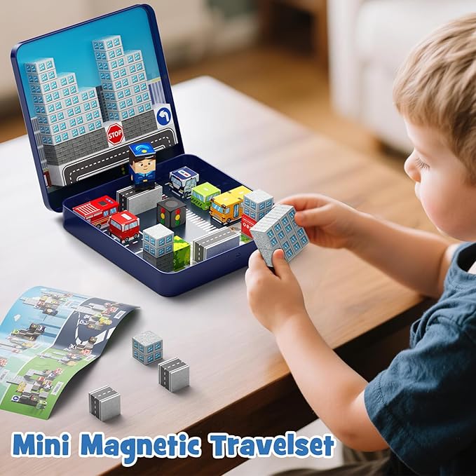 City Traffic Magnetic Blocks Set,Child-Safe STEM Toys with Fully Encased Magnets Non-Toxic & Choking-Proof Travel Learning Gift for Ages 3-8 Car/Airplane Toddler Toy Birthday (49 PCS)