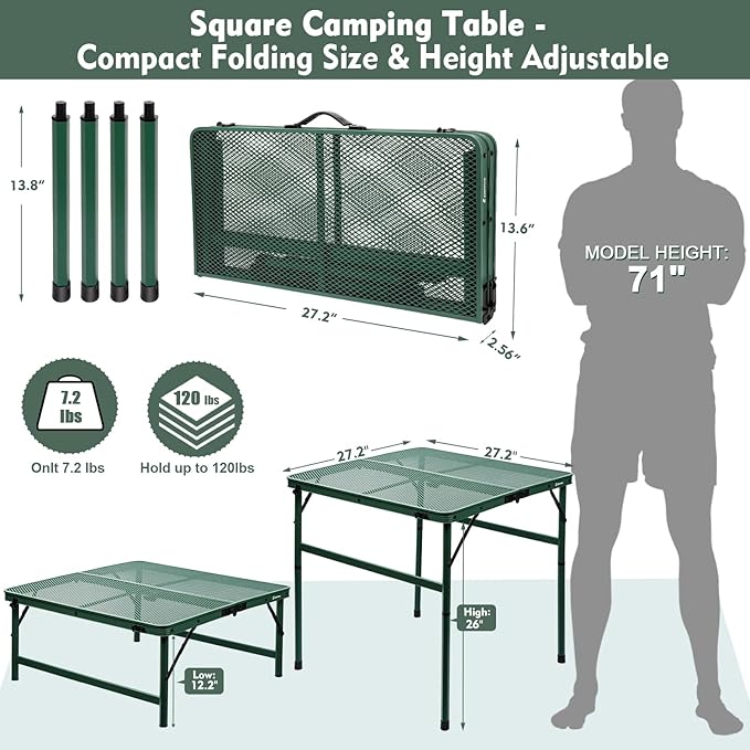 Square Folding Table, Easy for Storage, Compact and Portable Picnic Table for Grill, Outdoor Camping, Garden, Patio, Dining, BBQ, Party, Market and Card Table, 27.2 L×27.2W inches