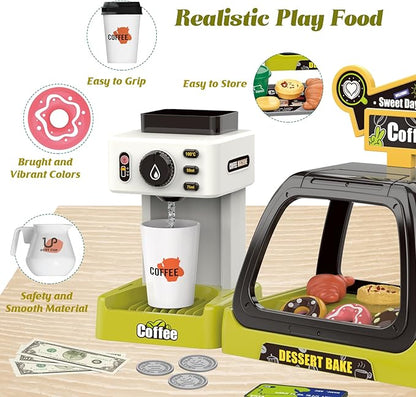 Kids Coffee Maker Play Set: Coffee, Cash Register, Play Food (Coffee, Donuts, Cookies, Egg Tarts, Croissants), Play Money - Educational Toy Kitchen Ages 3+