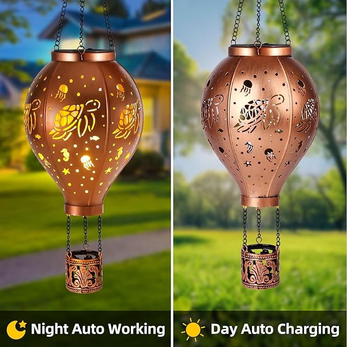 Hot Air Balloon Solar Lights Outdoor Sea Turtle Metal Hanging LED Light Solar Lantern Waterproof Light for Garden Patio Yard Porch Christmas Decor Gifts for Women Mom Friends