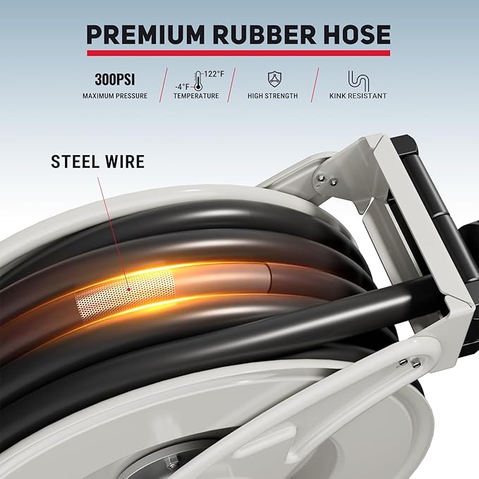 Retractable Fuel Hose Reel, 3/4 in × 66 ft Rubber Hose Heavy Duty Steel Professional Spring Driven Diesel Hose Reel with Fueling Nozzle Max 300PSI Auto Rewind Quick for Ship Vehicle Tank Truck