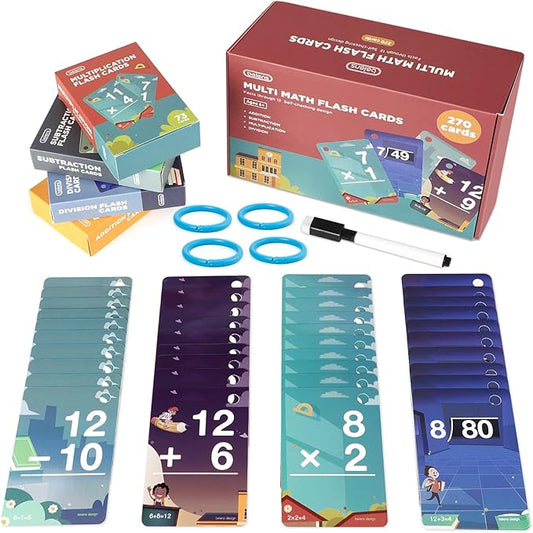beiens Multi Math Flash Cards, 270 Addition, Subtraction, Multiplication, Division Cards, All Facts 0-12 with 1 Erase Pen 4 Rings, Math Games Set for Kids Age 6+ 3rd 4th 5th 6th Grade