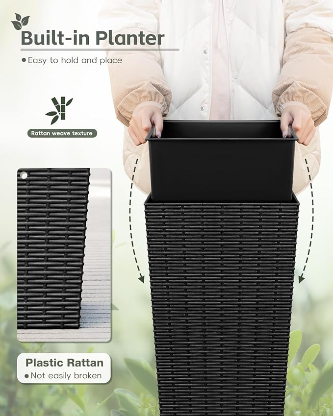 Greesum 32 Inch Tall Plastic Planters with Rattan Texture – Set of 2, Detachable Inner Pot & Drainage Holes, Indoor/Outdoor Decorative Flower Pots for Large Plants, Trees, Patio, and Garden, Black