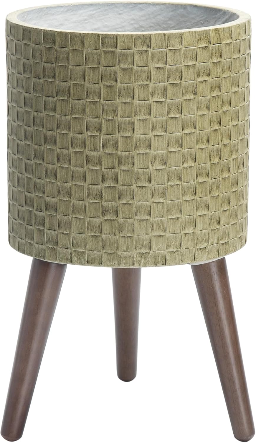 D'vine Dev 10 Inch Modern Geometric Tile Patterned Sleek Planter Pot with Stand, Indoor Outdoor Decorative Plant Holder, Distressed Olive, 88-Z-B-4