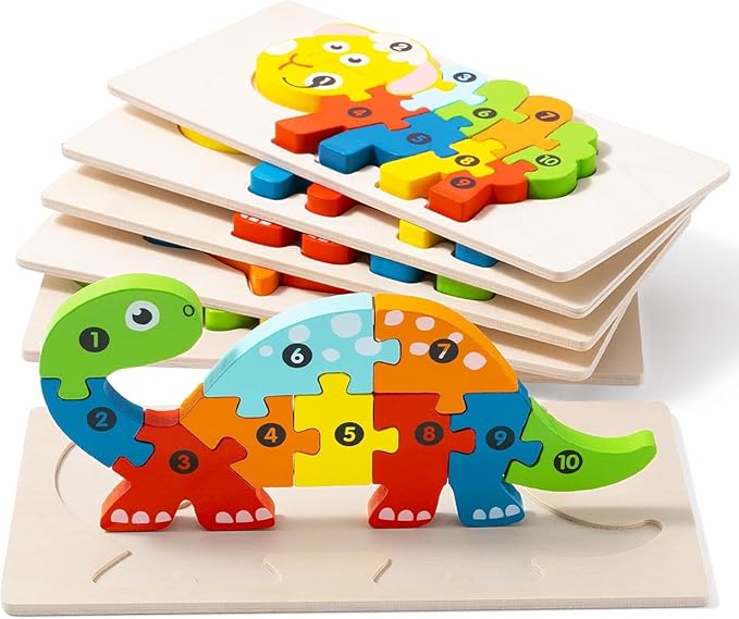 6 Pack Wooden Animal Toddler Puzzles for Kids Ages 3-5, Baby Montessori Toys for Kids Age 3 4 5 6 Years, 6 Animal Patterns Learning Jigsaw Toys for 3 Year Olds for Girl Boy Ideal Gift