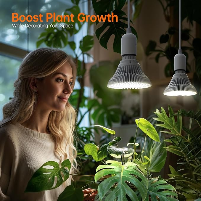 Hanging Grow Light for Indoor Plants, One Cord Double Head, 50W (25W X 2) Full Spectrum, White Led Plant Light Bulb with timer for Tall Plant, Pendant or Ceiling Installation, 16.4FT Power Cord
