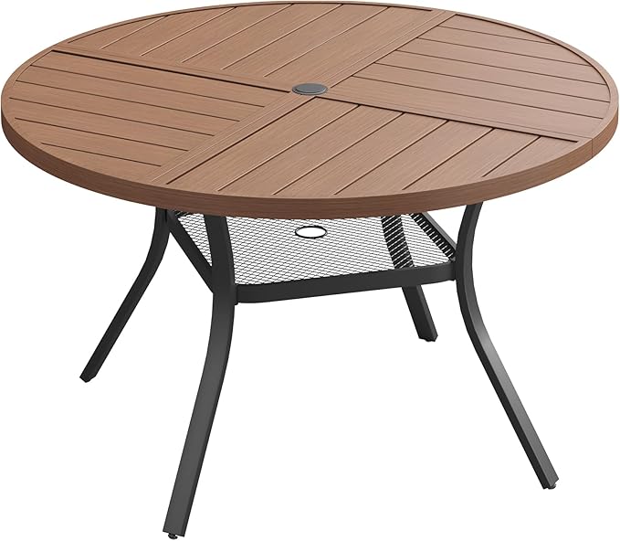 DIFY 40.6" Round Outdoor Patio Dining Table for 4, All-Weather Metal Steel Slatted Patio Table with 1.57" Adjustable Umbrella Hole, for Lawn Garden Porch Backyard, Walnut