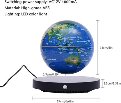 6" Magnetic Levitating Globe, 360°Rotating Geographic Globes Levitating Globes with LED Light Floating Magnetic Levitation Floating Globe for Desk Home Office Classroom Decor(Blue+Black/Style A)