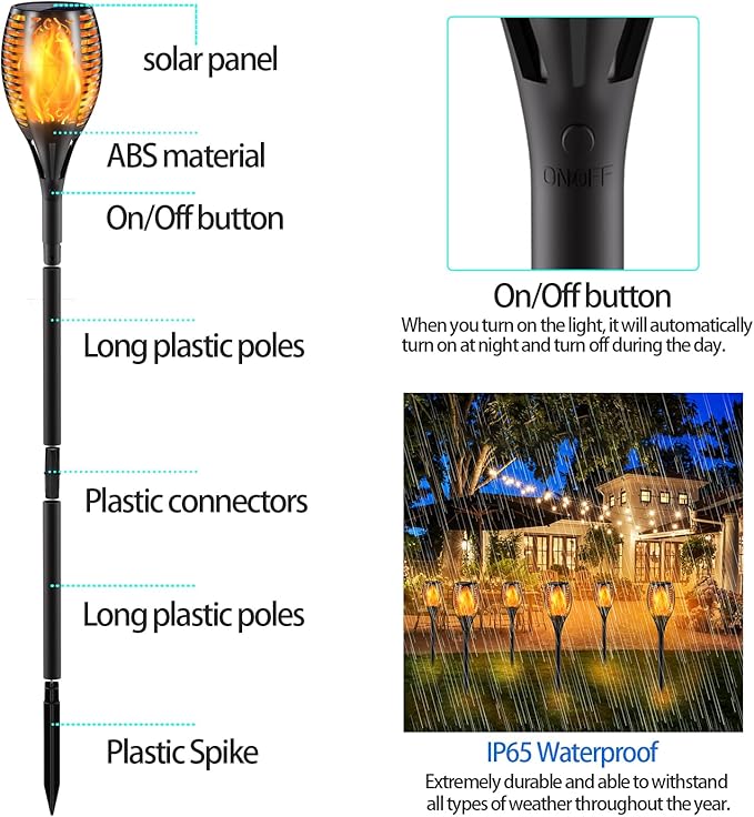 Solar Lights Upgraded 43" Tiki 96 LED Waterproof Flickering Flames Torch Lights Outdoor Solar Spotlights Landscape Decoration Lighting Dusk to Dawn Auto On/Off Security Torch Light (2 Pack)