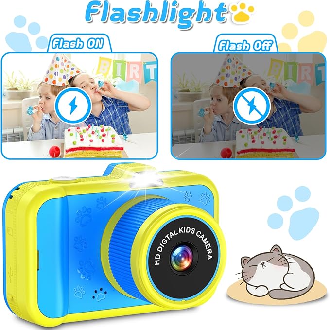 Kids Camera with Rotating Zoom Lens, 3.5” Large Screen, 1080P Kids Digital Camera with Flash,Selfie, 32GB Card, Toddler Toy Camera Christmas Birthday Gifts for Boys Girls 3-12 Years Old-Blue