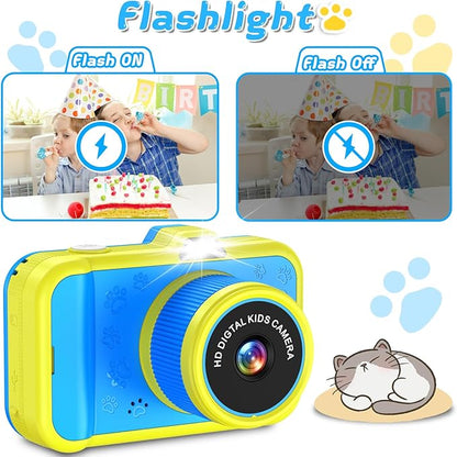 Kids Camera with Rotating Zoom Lens, 3.5” Large Screen, 1080P Kids Digital Camera with Flash,Selfie, 32GB Card, Toddler Toy Camera Christmas Birthday Gifts for Boys Girls 3-12 Years Old-Blue