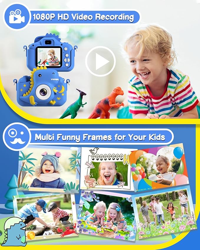 Kids Camera, Dinosaur Toddler Digital Camera for Boys Girls, Christmas Birthday Gifts, Selfie 1080P Camera for 3 4 5 6 7 8 9 Years Old Toys Dark Blue