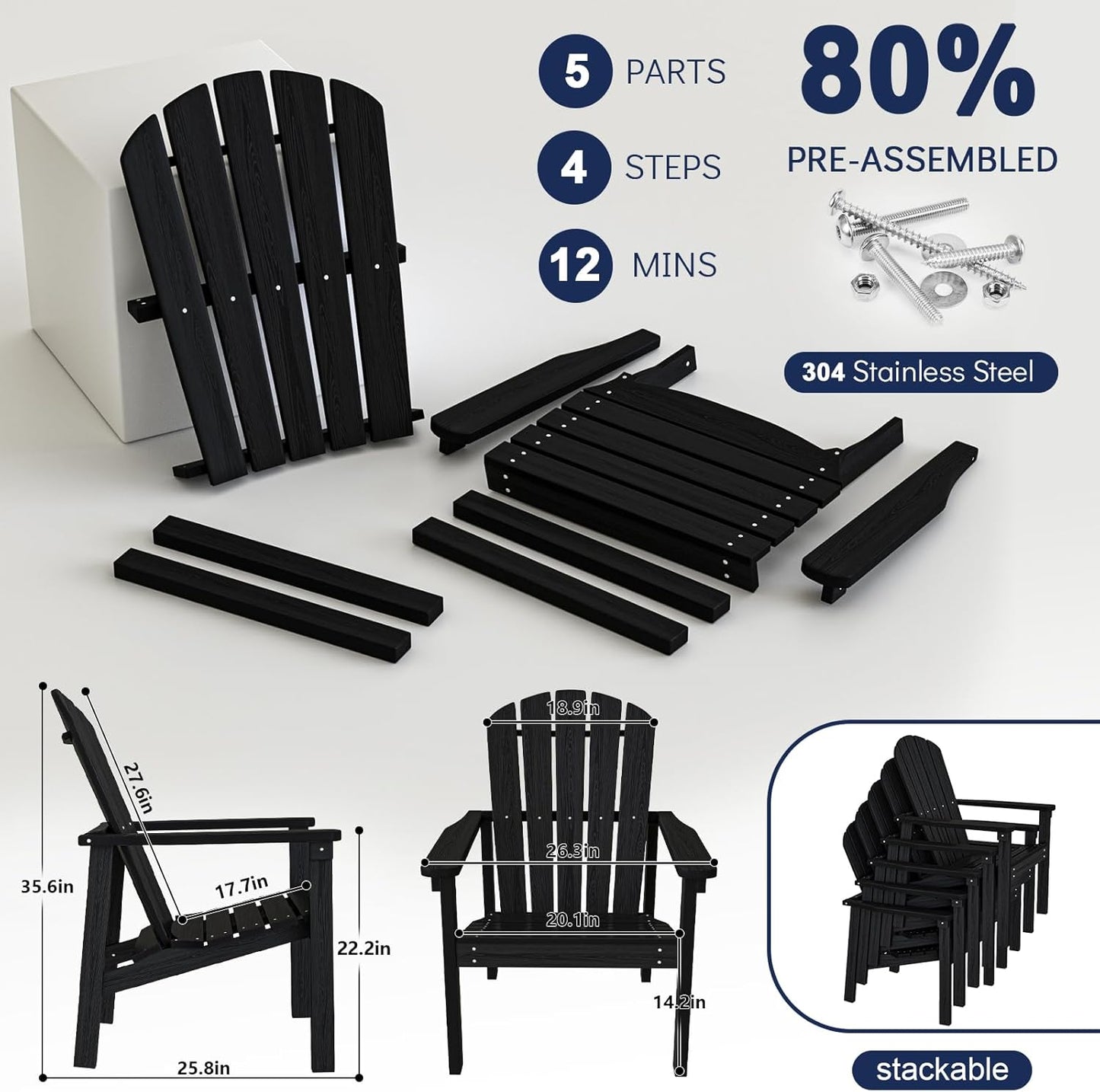 Stackable Adirondack Chair, HDPE Outdoor Patio Chair - Durable and Space Saving, Suitable for Porches, Lawns or Garden, Black