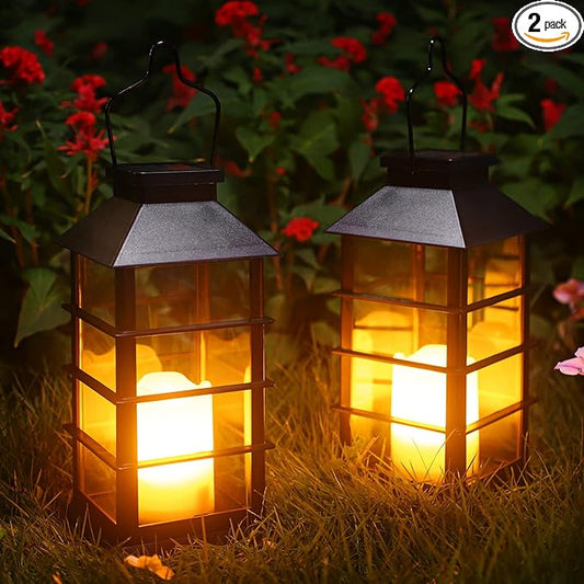 2 Pack Christmas Solar Lantern,Outdoor Garden Hanging Lantern-Waterproof LED Solar Lanterns Plastic Flickering Flameless Candle Mission Lights for Christmas Table, Outdoor, Party Decorative (Black)